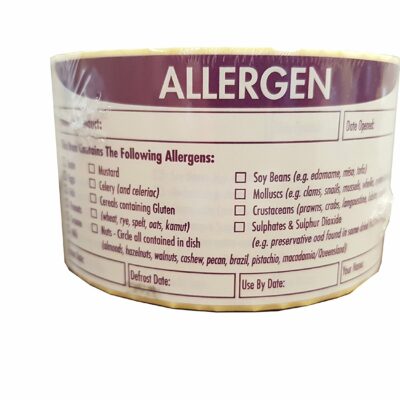 Allergen Labels, Food Safety Labels, White with Purple Text, 51mm x 102mm
