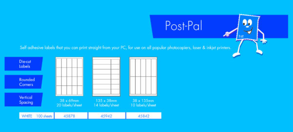 Post Pal labels, 3 stock sizes available including 4 stock sizes of franking labels