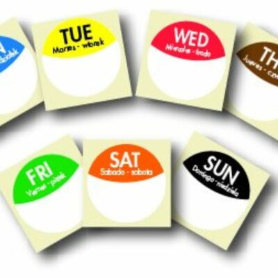Day Labels, colour coded for each day of the week, English, Polish & Spanish