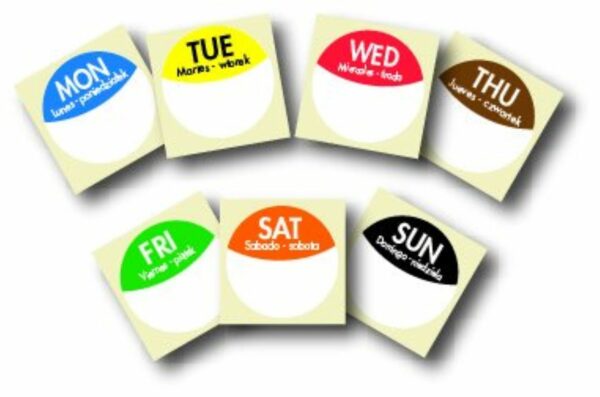 Day Labels, colour coded for each day of the week, English, Polish & Spanish