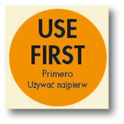 Use First Labels - 51mm Dia, Orange label with Black text