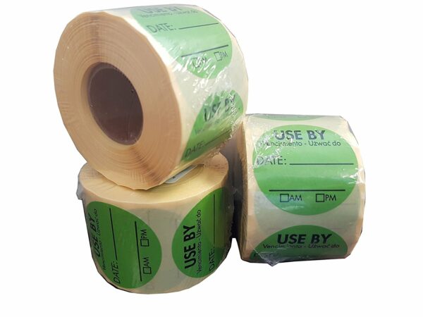 Use by food Labels, green labels with black text, 500 labels per roll